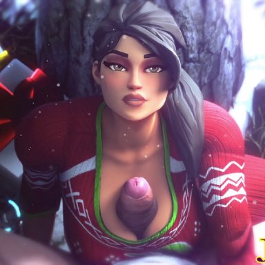 christmas, fortnite, ramirez, jjjjd, 1boy, 1girl, 1girls, bangs, big breasts, big penis, breasts, brown eyes, brown hair, brunette, christmas outfit