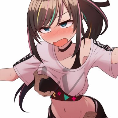 kizuna ai inc., kizuna ai, organ rn, bangs, black bra, black choker, black shorts, blonde hair, blue eyes, blush, bra, breast grab, breasts, brown hair, choker