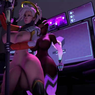 overwatch, mercy, sombra, heisenburger52, 2futas, areolae, balls, big balls, big breasts, big penis, breasts, cum inflation, cumflation, dark-skinned futanari, dark skin