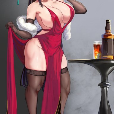 genshin impact, beidou (genshin impact), loooyd, 1girls, alchohol, areola slip, areolae, blush, breasts, brown hair, champagne glass, cleavage, clothed, clothed female, dress