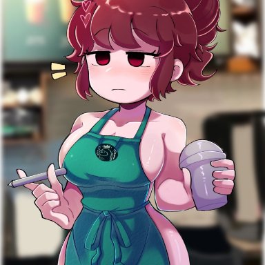 friday night funkin, starbucks, girlfriend (friday night funkin), insipid, annoyed, apron, blush, breasts, brown hair, naked apron, ponytail, red eyes, sideboob, standing, iced latte with breast milk