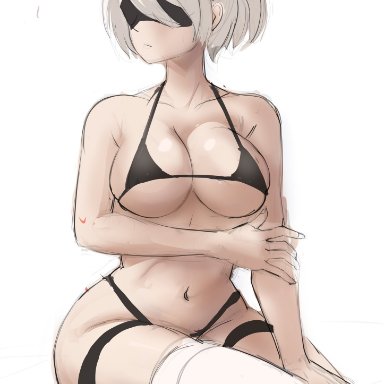 nier: automata, nier (series), square enix, yorha 2b, rakeemspoon, 1girls, android, android girl, bikini, black bikini, blindfold, breasts, female, female only, hips