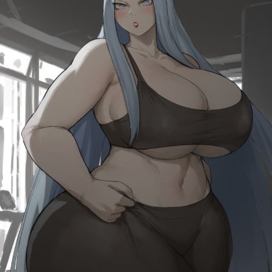 naruto, naruto (series), naruto shippuden, otsutsuki kaguya, batako, 1girls, alternate body type, ass, belly button, black sports bra, black yoga pants, blush, breasts, cleavage, embarrassed