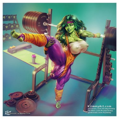 hulk (series), marvel, jennifer walters, she-hulk, kinkyjimmy, 1futa, abs, big balls, big breasts, big penis, breasts, bulge, cleavage, clothed, clothing