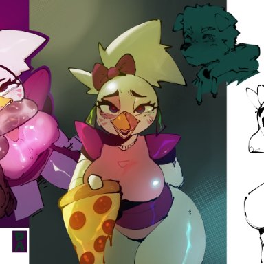 five nights at freddy's, scottgames, chica (fnaf), glamrock chica (fnaf), goon (goonie san), goonie-san, animatronic, anthro, avian, balls, bird, blush, bodily fluids, breasts, canid