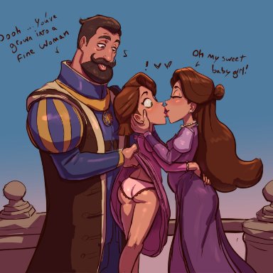 disney, tangled, king frederic, queen arianna, rapunzel, pears (artist), 1boy, 2girls, ass, bisexual, blush, diadem, father and daughter, groping ass, groping from behind