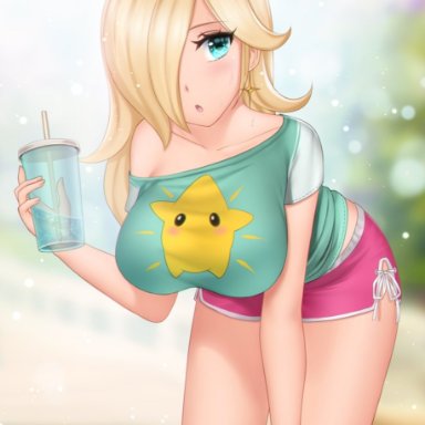 mario (series), nintendo, super mario galaxy, princess rosalina, gigamessy, 1girl, 1girls, :o, big breasts, blonde, blonde hair, blue eyes, blue shirt, clothed, earrings