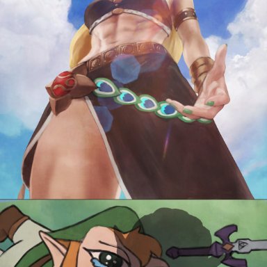 4chan, apu apustaja, link, pepe the frog, princess zelda, zelda (breath of the wild), monorirogue, abs, alternate costume, blonde hair, blue lipstick, breasts, clothed, fallen down, from above