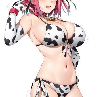 go-toubun no hanayome, nakano nino, yakimi 27, 1girls, big breasts, blue eyes, blush, breasts, cow bikini, cow ears, cow horns, cow print, eye contact, female, hair ribbon