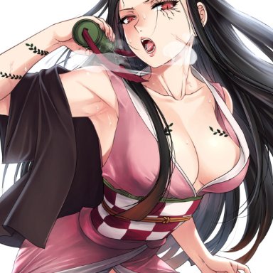 demon slayer, kimetsu no yaiba, kamado nezuko, xtermination, aged up, armpit, armpit fetish, big breasts, black hair, body markings, cleavage, demon girl, fangs, female, female only