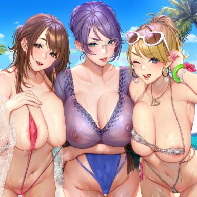 original, masami chie, 3girls, adjusting hair, aqua eyes, areolae, bare shoulders, beach, bikini, blonde hair, blue eyes, blush, bracelet, breasts, brown eyes