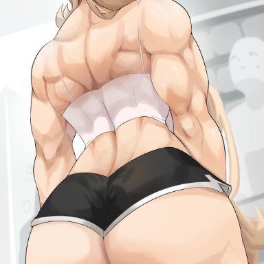 fate/grand order, fate (series), fairy knight gawain (fate), cromwellb, 1other, ass, back, bare shoulders, biceps, black shorts, blonde hair, breasts, camisole, dolphin shorts, female