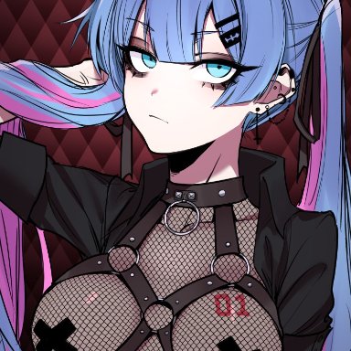 vocaloid, hatsune miku, j.k., 1girls, alternate hair color, arm up, black jacket, blue eyes, blue hair, bored expression, breast tattoo, breasts, choker, cropped jacket, ear piercing