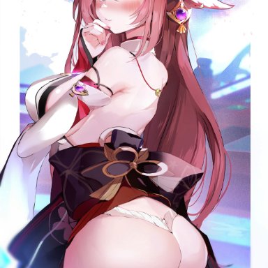 genshin impact, yae (genshin impact), niku (hamuchang), ass, big ass, big breasts, blush, breasts, dat ass, female, japanese clothes, large breasts, miko, pink hair, thick thighs