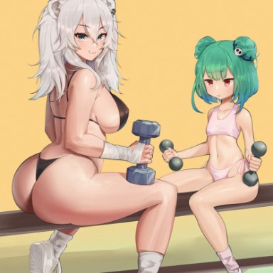 hololive, shishiro botan, uruha rushia, greatodoggo, 2girls, animal ears, annoyed, bandage, bandaged arm, big ass, big breasts, bra, breast envy, breast size difference, cute