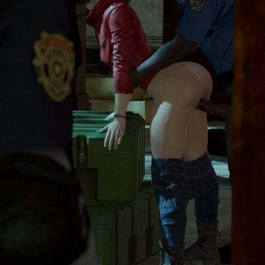 resident evil, resident evil 2 remake, claire redfield, leon scott kennedy, marvin branagh, blackedvg, caught in the act, cuckold, cumshot, dark-skinned male, dark skin, interracial, light-skinned female, masturbation, standing sex