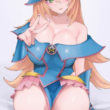 yu-gi-oh!, dark magician girl, kataku musou, 1girls, areolae, arm support, armwear, bare shoulders, big breasts, blonde hair, blush, breasts, cleavage, clothed, clothed female