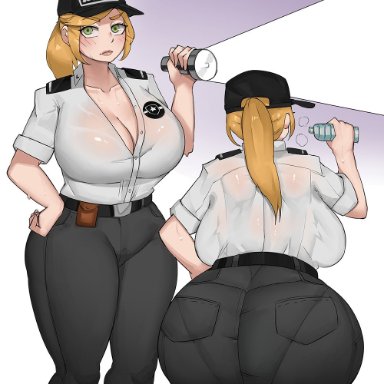 vanessa (fnaf), elijahzx, 1girls, ass, ass focus, big ass, big breasts, big butt, blonde hair, breasts, eye contact, female, green eyes, hat, huge ass