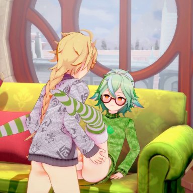 genshin impact, koikatsu, aether (genshin impact), sucrose (genshin impact), miscsfmporn, braided ponytail, christmas sweater, glasses, hetero, male on female, santa hat, snow, striped stockings, sweater, vaginal