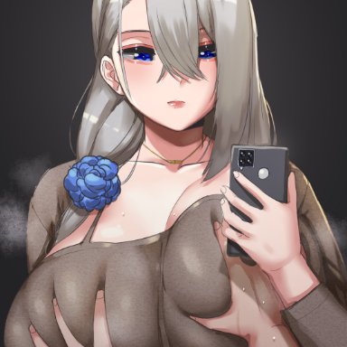 original, original character, kirinkirin, 1girls, blue eyes, bored, bored expression, breast grab, breast squeeze, breasts, clothed, clothed female, female, female only, grey hair