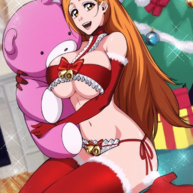 bleach, christmas, inoue orihime, rozuberry, 1girls, almost naked, barely clothed, barely contained, bell, big breasts, bikini, bow, breasts, brown eyes, christmas tree