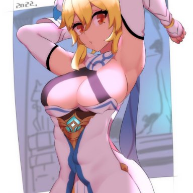 genshin impact, lumine (genshin impact), nac000, 1girls, armpits, arms above head, arms up, barely contained, blonde hair, blush, breasts, cleavage, clothed, clothed female, female