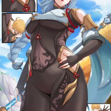 genshin impact, aether (genshin impact), shenhe (genshin impact), razzdrawing, blush, milf, thick, thick thighs, thighs, white hair