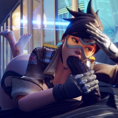 blizzard entertainment, overwatch, tracer, superhentaimaster9000, 1boy1girl, ass, barefoot, big penis, bottomless, brown eyes, brown hair, choker, clothed, clothed male, clothed sex