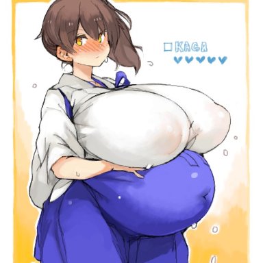 kantai collection, kaga (kantai collection), sachito, bangs, blush, breasts, brown hair, covered erect nipples, curvy, female, gigantic breasts, hakama, japanese clothes, kimono, looking at viewer