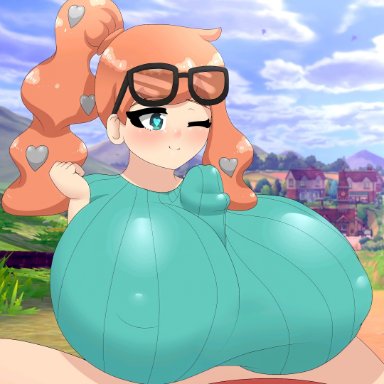 nintendo, pokemon, sonia (pokemon), mistpirit, bent wrist, big breasts, blue clothing, blue eyes, blush, breast play, breasts, clothing, erect nipples, erection, eyewear