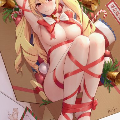 original, kojo (0124), animal ears, antlers, areola slip, areolae, armpits, arms up, bangs, barefoot, blonde hair, box, breasts, closed mouth, deer ears