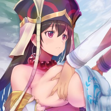 fate/grand order, fate (series), xuangzang sanzang (fate), asahi (fullmetal madness), 1boy, bangs, bare shoulders, blush, breast grab, breasts, brown hair, female, grabbing, hat, large breasts