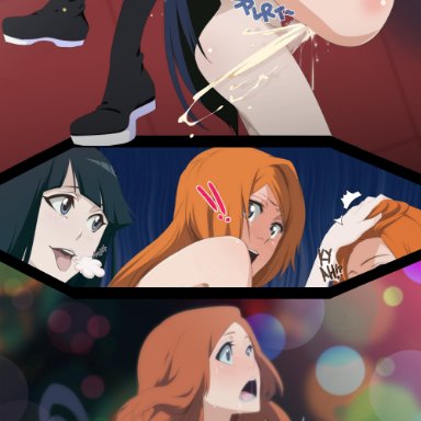 bleach, dokugamine riruka, giselle gewelle, inoue orihime, bs editor, lexus (artist), !!, 1futa, 1girls, ahoge, areolae, balls, big breasts, black hair, blunt bangs