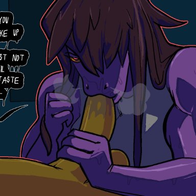 deltarune, kris (deltarune), susie (deltarune), unknown artist, 1boy, 1boy1girl, 1girl1boy, 1girls, anthro, big breasts, blowjob, brown hair, completely naked, completely nude, completely nude female