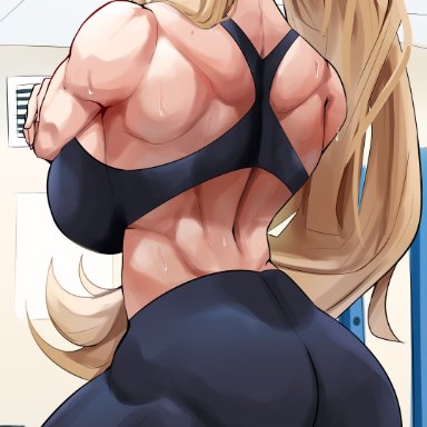 fate/grand order, fate (series), fairy knight gawain (fate), cromwellb, ass, back, bangs, bare shoulders, biceps, black pants, black sports bra, blonde hair, breasts, female, green eyes