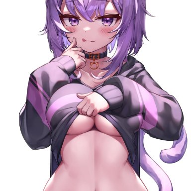 hololive, nekomata okayu, deaver, :3, ahoge, alternate breast size, animal collar, animal ear fluff, animal ears, baggy pants, bangs, black collar, blush, breasts, cat ears