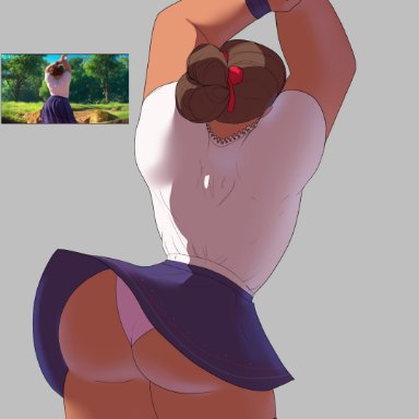 disney, encanto, luisa madrigal, n-ronin, 1girls, arms above head, back view, brown hair, clothed, clothing, exposed panties, female, female focus, female only, hair bun