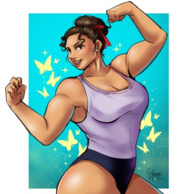 disney, encanto, luisa madrigal, selene bunny, 1girls, big breasts, cleavage, female, female only, flexing, large breasts, light-skinned female, medium breasts, muscular female, thick thighs