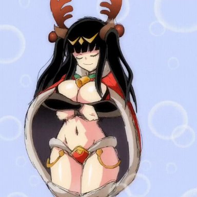 christmas, fire emblem, fire emblem: awakening, fire emblem heroes, nintendo, tharja, tharja (fire emblem), lewdamone, 1girls, alternate costume, antlers, areolae, ass visible through clothes, bell, big breasts