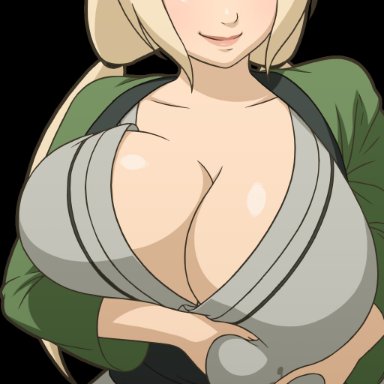 naruto, naruto (series), naruto shippuden, tsunade, manyakis, big breasts, blonde pubic hair, breast milk, breast squeeze, cleavage, filling with milk, green background, looking at viewer, solo female, squirting milk