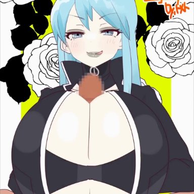 megami tensei, shin megami tensei, soul hackers, nemissa, n2kh84, showyou, black jacket, black lipstick, blue eyes, blue hair, choker, cleavage, cum, cum on breasts, cumshot