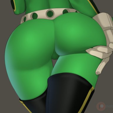 my hero academia, tsuyu asui, fiera (artist), 1girls, ass, ass focus, big ass, bodysuit, female, gloves, grabbing own ass, grey background, hero outfit(mha), skin tight, thick thighs