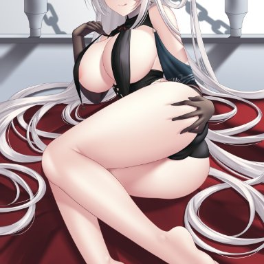 azur lane, aegir (azur lane), areolae, ass, ass focus, ass grab, bare shoulders, barefoot, big ass, big breasts, blush, breast curtains, breasts, cameltoe, chains