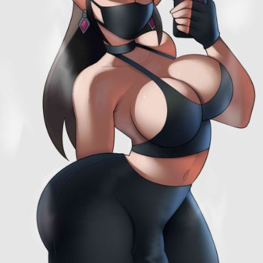 paladins, ying (paladins), postblue98, ass, black hair, breasts, bulge, choker, cleavage, cross-eyed, ear piercing, facemask, futa only, futanari, green eyes