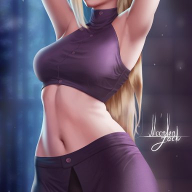 naruto, naruto (series), naruto shippuden, ino yamanaka, moonlen-jack, 1girls, armpits, arms behind head, arms up, armwear, blonde hair, blue eyes, closed legs, clothed female, crop top