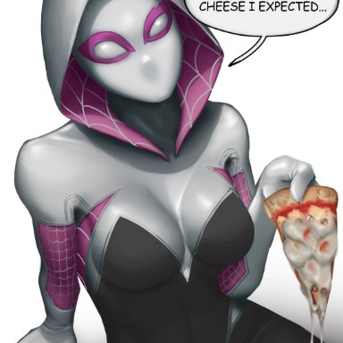 marvel, spider-gwen, covered face, cum on food, hood, looking at viewer, mask, pizza, simple background, commission
