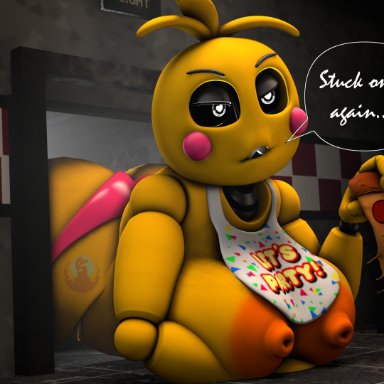 five nights at freddy's, five nights at freddy's 2, chica (fnaf), toy chica (fnaf), nighttrap, 1girls, angry, animatronic, annoyed, annoyed expression, anthro, areolae, arm under breasts, ass, big ass