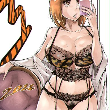 bleach, happy new year, new year, inoue orihime, maxi, 1girls, aged up, animal print, areola, areola slip, bare shoulders, bbw, big breasts, bra, breasts