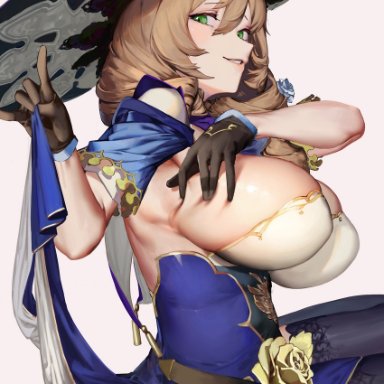 genshin impact, lisa (genshin impact), waterswing, big breasts, boots, breasts, green eyes, milf, presenting butt, simple background, witch hat