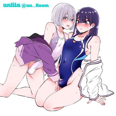 ssss.gridman, shinjou akane (cosplay), takarada rikka (cosplay), nagano rira, 2boys, blue swimsuit, blue swimwear, bulge, cosplay, crossdressing, crossplay, embarrassed, femboy, girly, looking at viewer